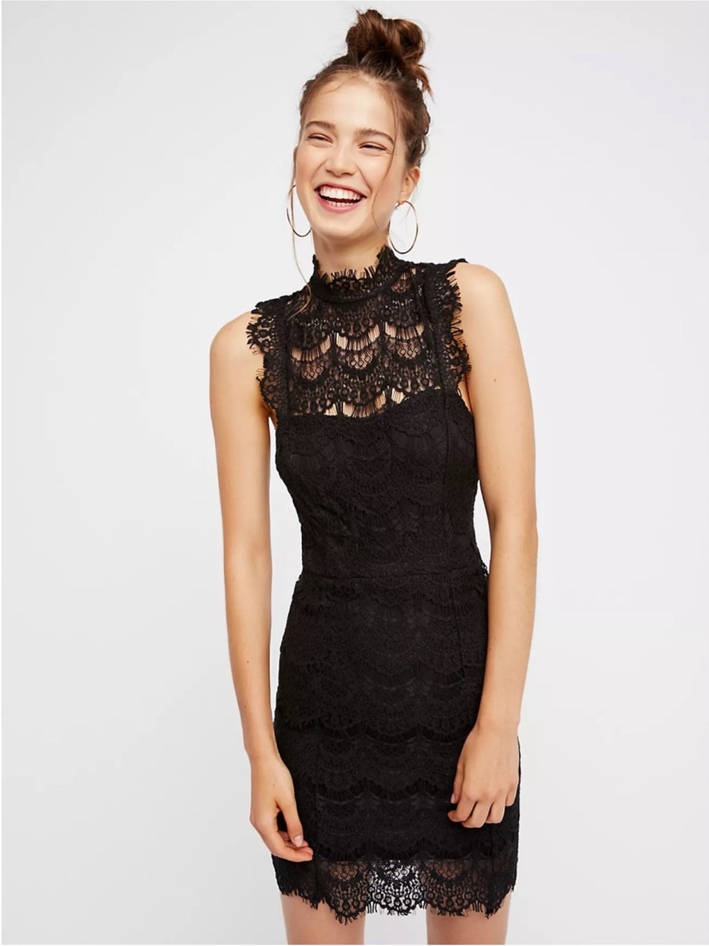 Free People Black Lace High-Neck Mini Dress